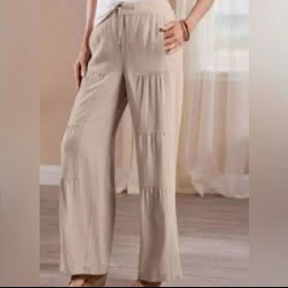 NEW Soft Surroundings Veranda Linen Blend Wide Leg Tiered Palazzo Pants Size L